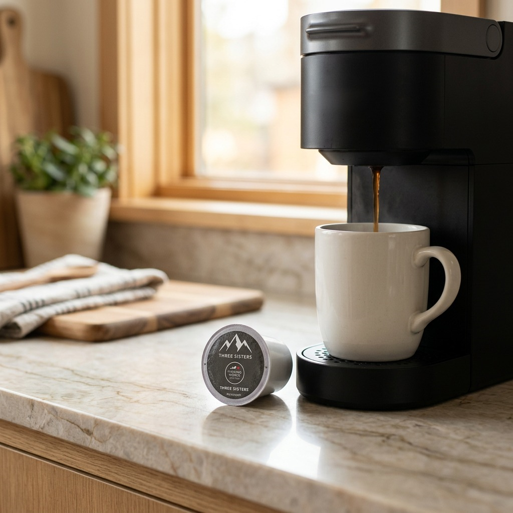 A Kicking Horse Three Sisters K-Cup beside a coffee machine brewing into a white ceramic mug.