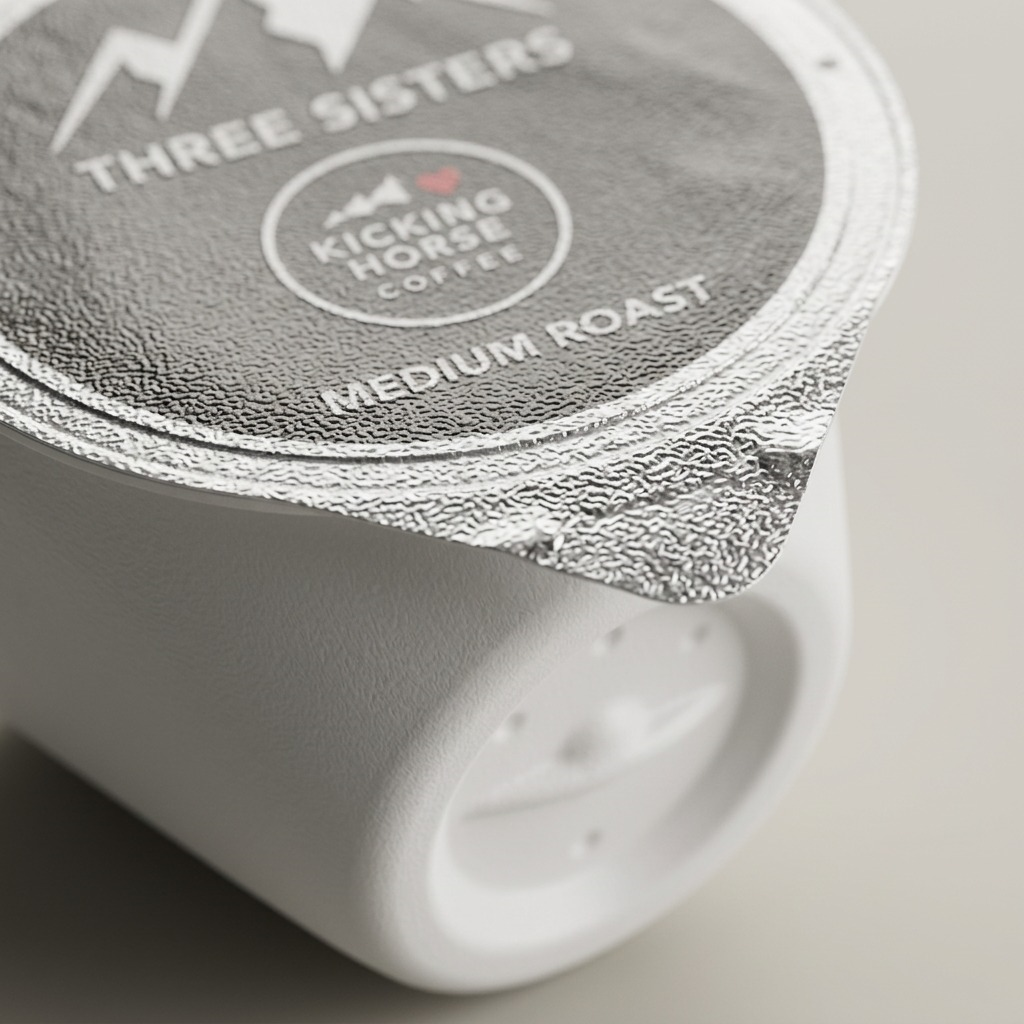Macro detail of a Kicking Horse Three Sisters K-Cup showing the textured foil seal and white pod.