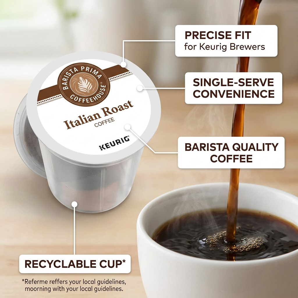Barista Prima Italian Roast K-Cup pod features: recyclable cup, precise fit for Keurig brewers.