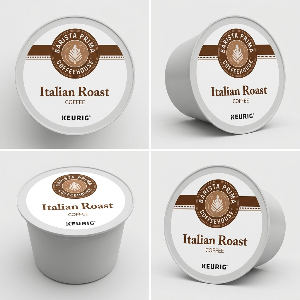 Four-way grid view of Barista Prima Italian Roast K-Cup pods from different angles.