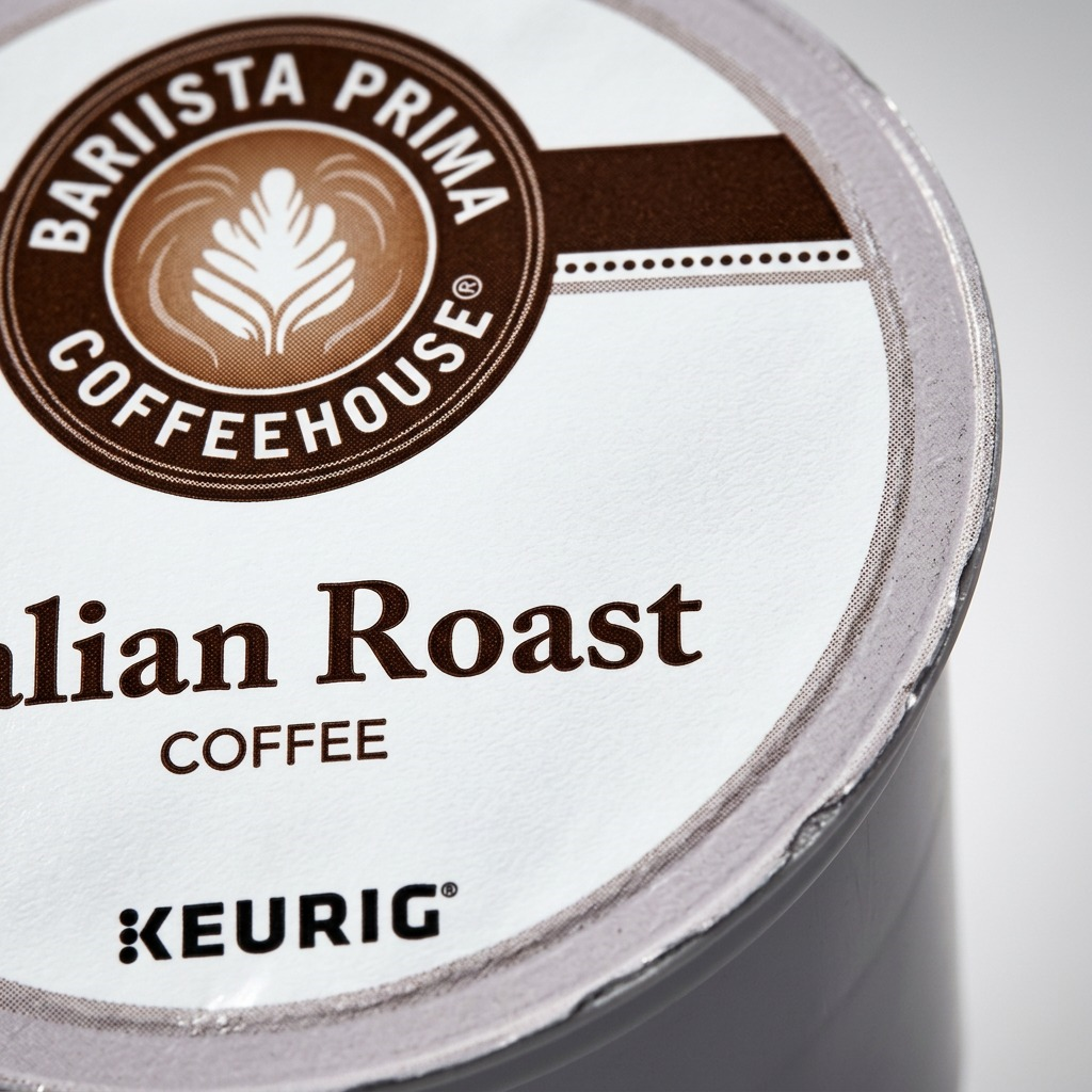 Macro detail of a Barista Prima Italian Roast K-Cup pod foil seal and Keurig logo branding.