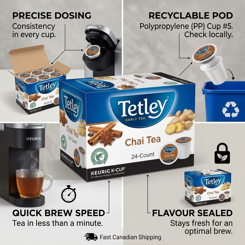 Feature graphic for Tetley Chai Tea K-Cups showing recyclable pods and under-a-minute brew time.