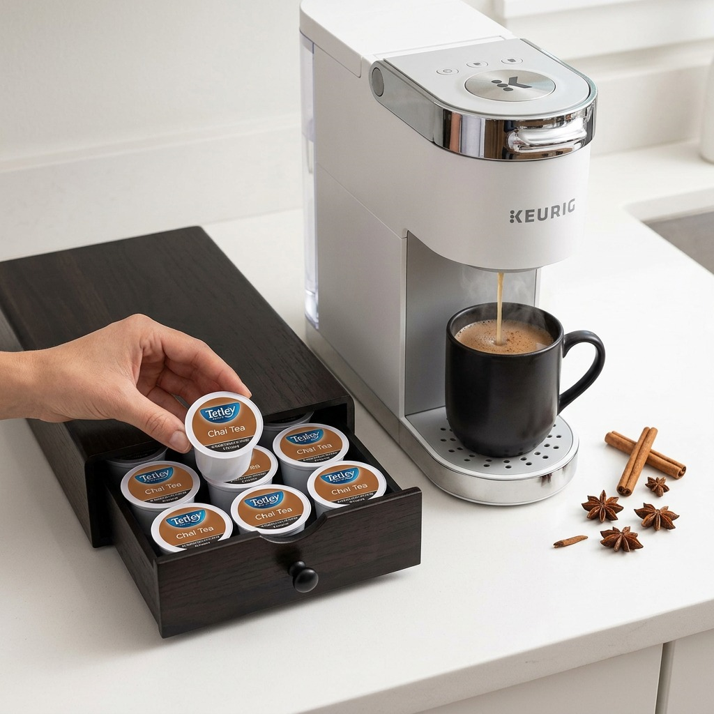 A hand picking a Tetley Chai Tea K-Cup from a storage drawer next to a white Keurig brewer.
