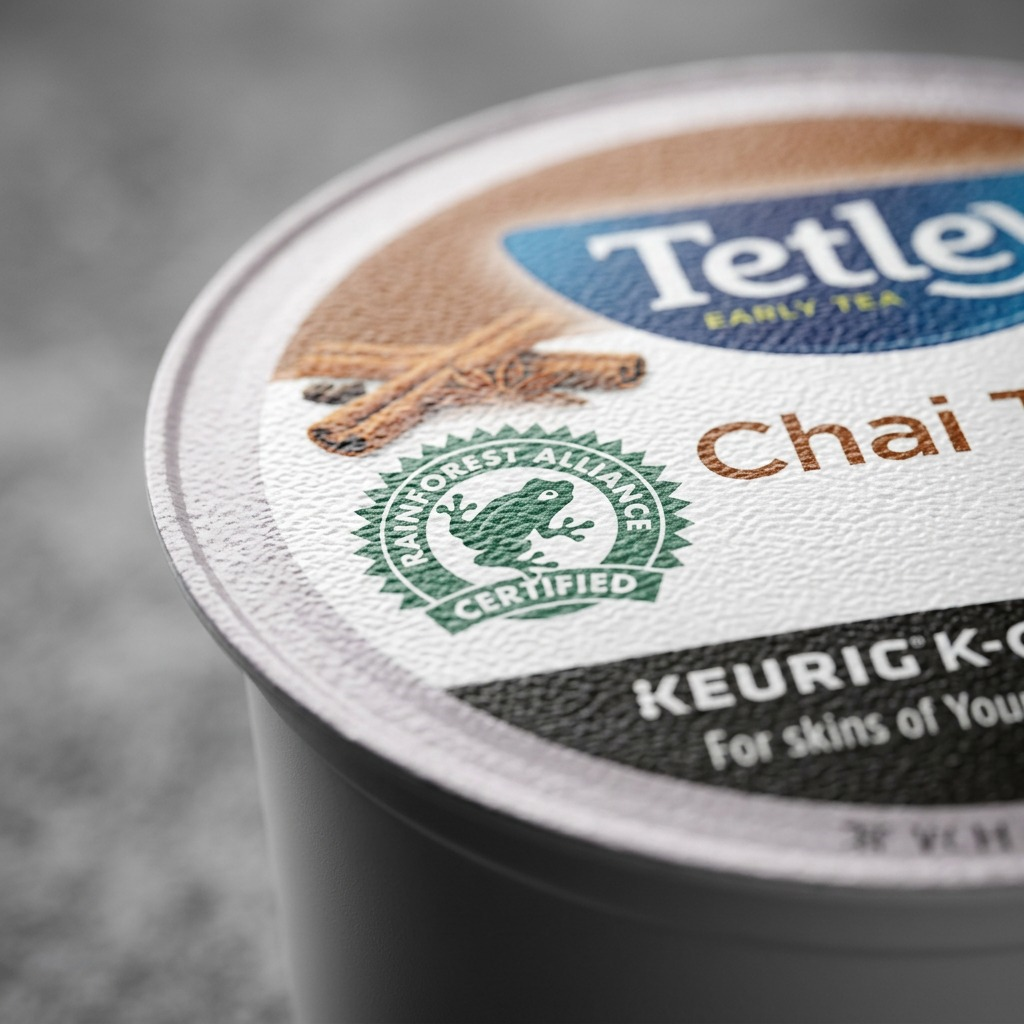 Macro detail of a Tetley Chai Tea K-Cup lid showing the textured surface and Rainforest Alliance seal.