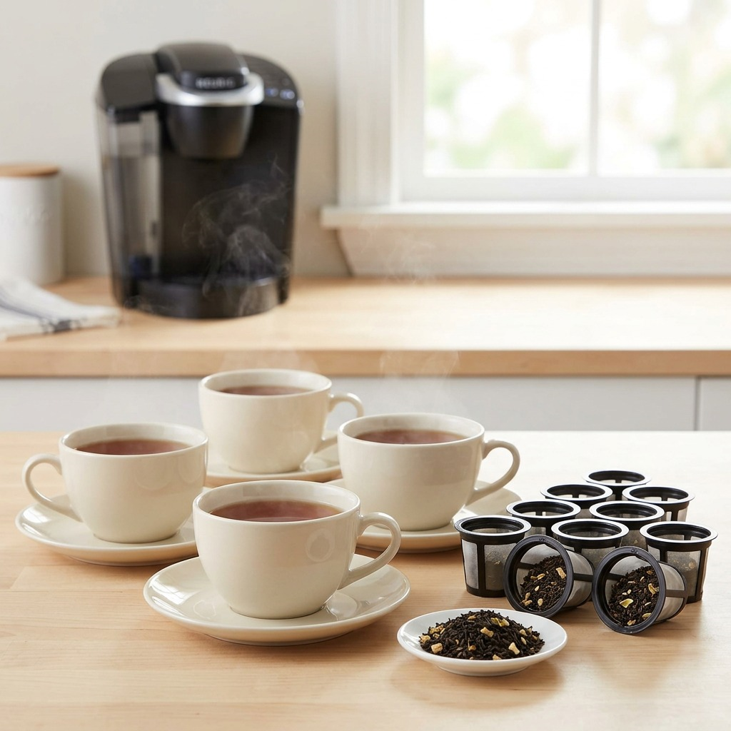 Steaming cups of Bigelow Earl Grey tea with reusable K-Cup pods and loose tea on a kitchen counter.