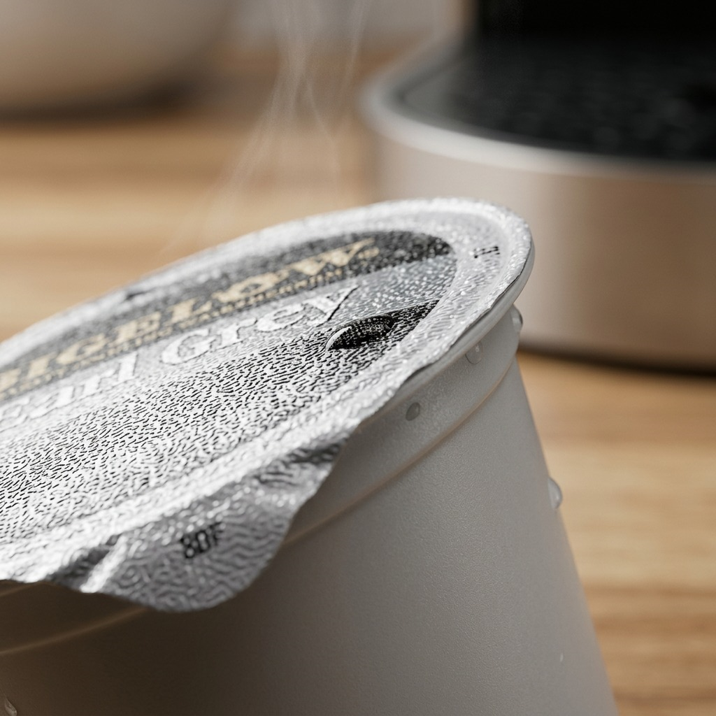 Macro view of a Bigelow Earl Grey K-Cup pod with foil seal, steam, and water droplets.