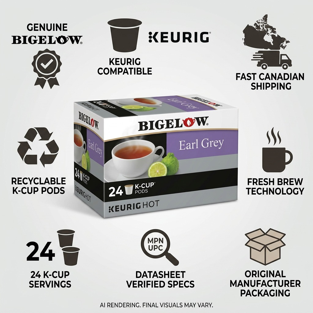Bigelow Earl Grey K-Cup 24-pack infographic highlighting Keurig compatibility and fast Canadian shipping.