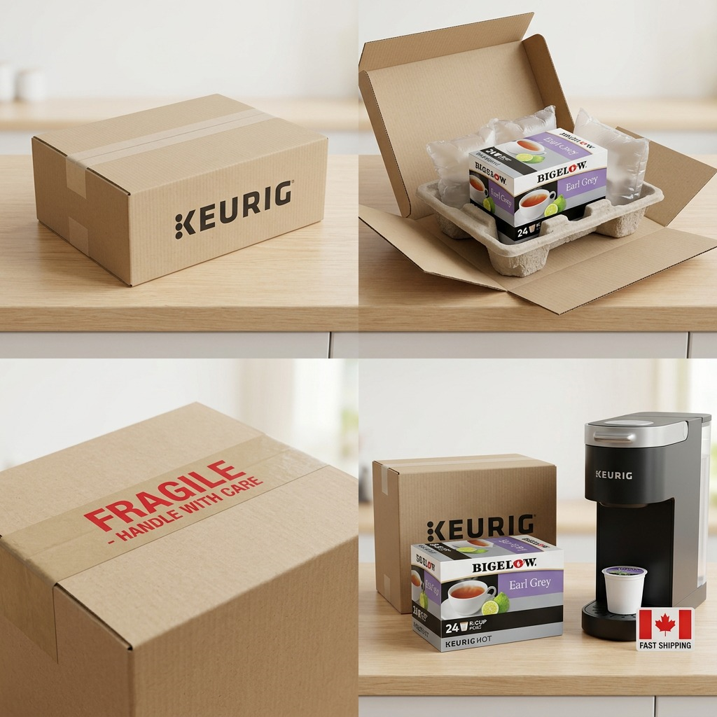 Bigelow Earl Grey 24-count tea pods inside a protected Keurig shipping box with fragile handling.
