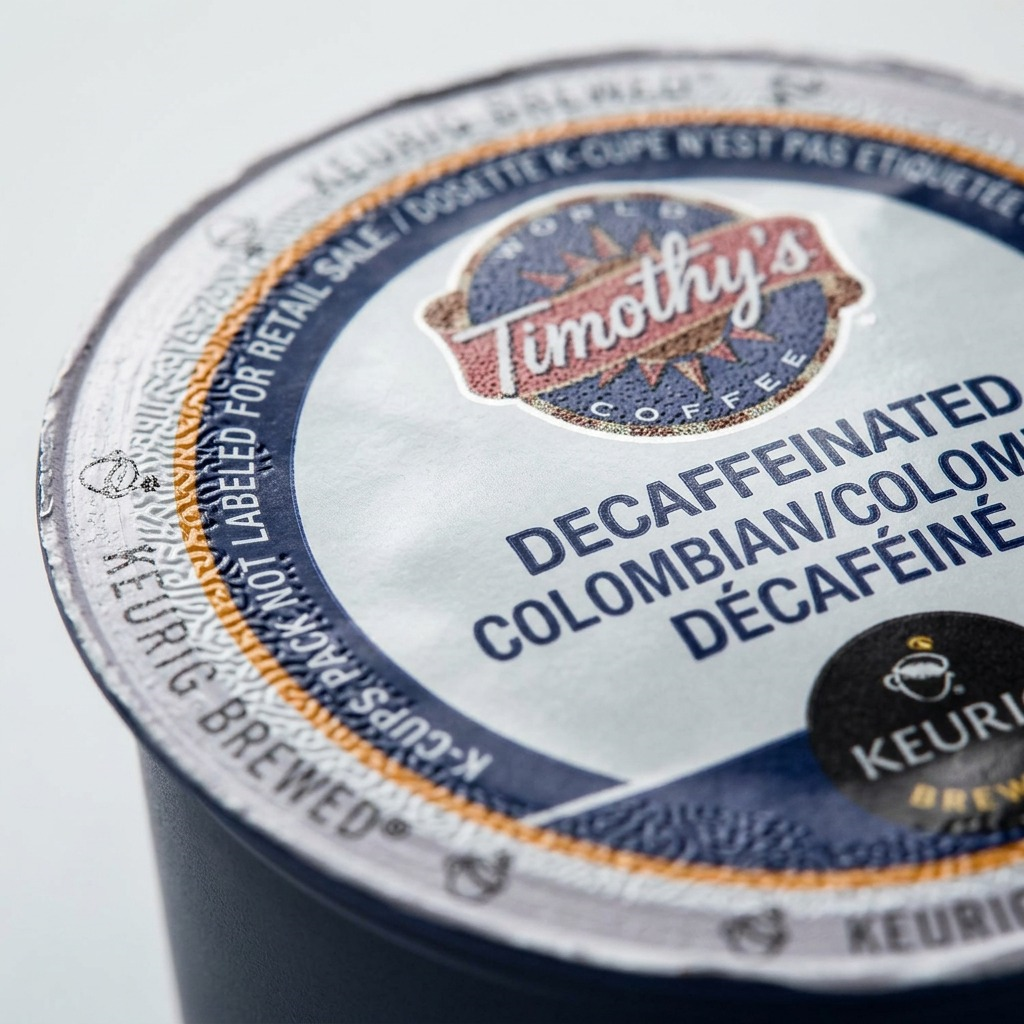 Macro detail of a Timothy's Decaffeinated Colombian K-Cup pod foil lid with clear printed graphics.