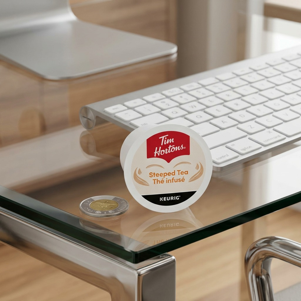 A Tim Hortons Orange Pekoe K-Cup pod on a desk next to a loonie and keyboard for scale reference.