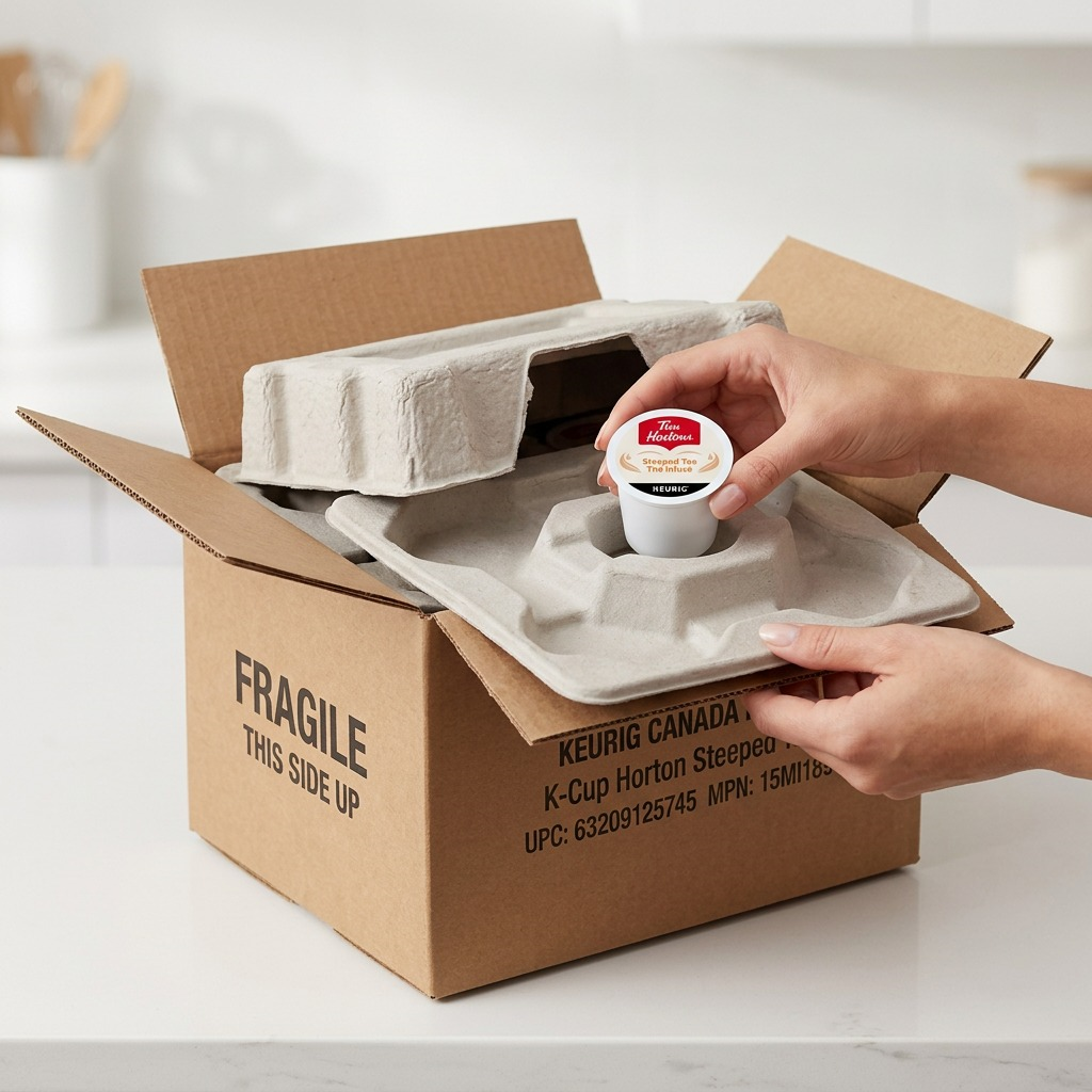 Hands unboxing a Tim Hortons Orange Pekoe K-Cup pod from a secure, molded cardboard shipping insert.