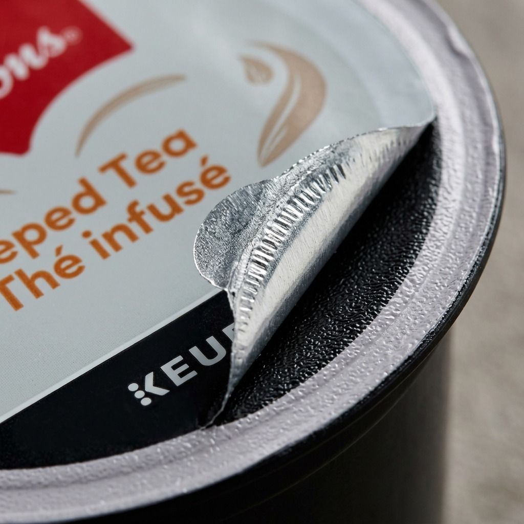 Macro detail of a Keurig Tim Hortons Steeped Tea K-Cup pod showing the foil seal and rim texture.