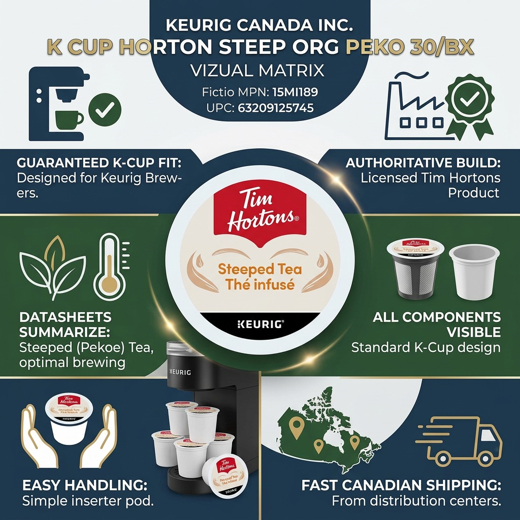 Infographic for Tim Hortons Steeped Tea K-Cups showing fit, components, and fast Canadian shipping.