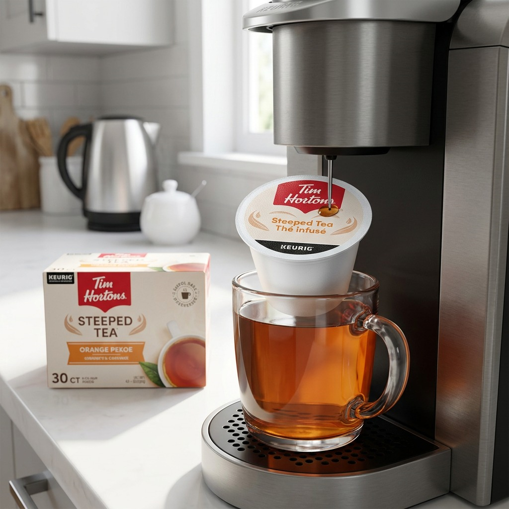 A Tim Hortons Orange Pekoe K-Cup pod brewing into a glass mug of tea using a Keurig machine.