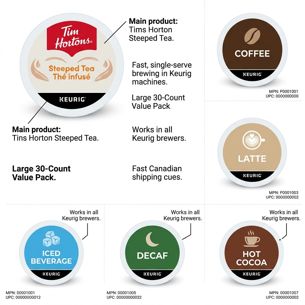 Feature graphic of Tim Hortons Steeped Tea K-Cup pods highlighting the 30-count pack size.