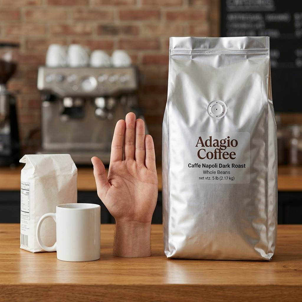 5lb bag of Adagio Napoli Dark Roast whole beans shown next to a hand and coffee mug for scale.