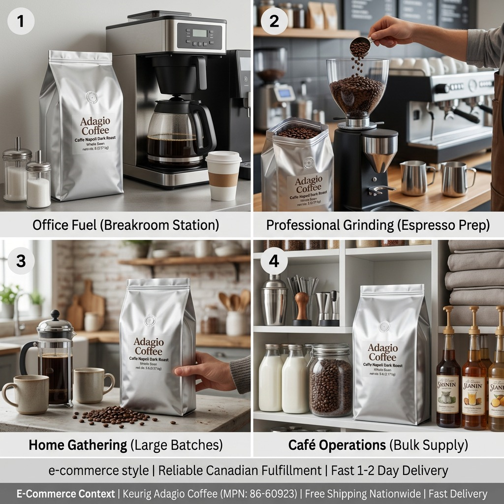 Lifestyle gallery of Adagio Napoli Dark Roast whole beans in office, cafe, and home environments.