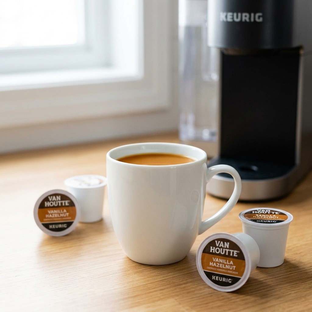 A white mug of brewed Van Houtte Vanilla Hazelnut coffee with K-Cup pods next to a Keurig brewer.