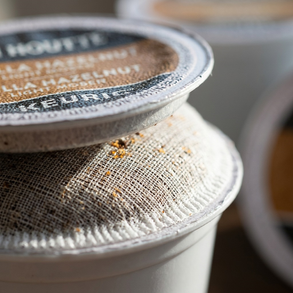 Macro detail of a Van Houtte Vanilla Hazelnut K-Cup showing the textured mesh filter and foil lid.
