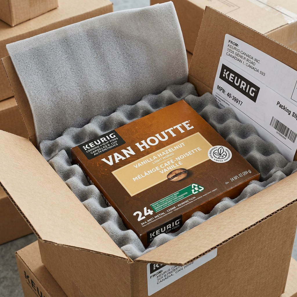 A box of Van Houtte Vanilla Hazelnut K-Cups securely packed in a cardboard shipping box with foam.