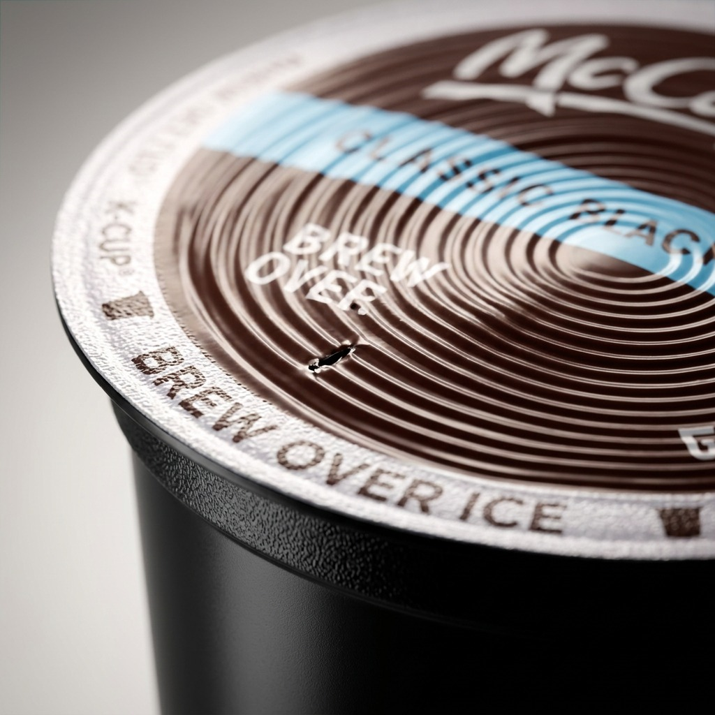 Extreme close-up of a McCafé Premium Roast K-Cup pod foil lid with Brew Over Ice texture detail.
