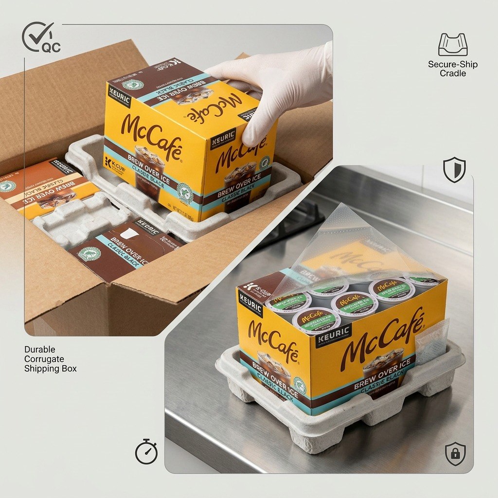 McCafé 10-count K-Cup boxes arriving in a durable shipping box with secure protective cradles.