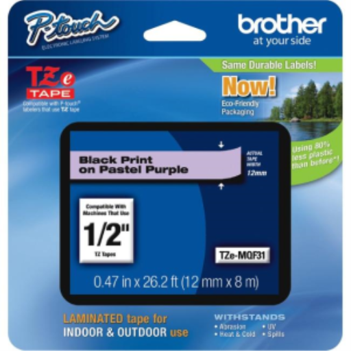 Brother Ruban original TZEMQF31 impression noire sur violet pastel pour étiqueteuses P-touch, 12 mm de large x 4 m de long
