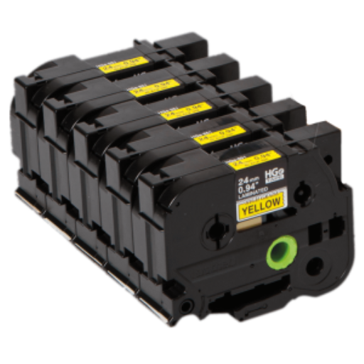 Pack Brother HGE6515 Ruban HGe noir sur jaune 24 mm avec adhésif standard, 8 m, lot de 5