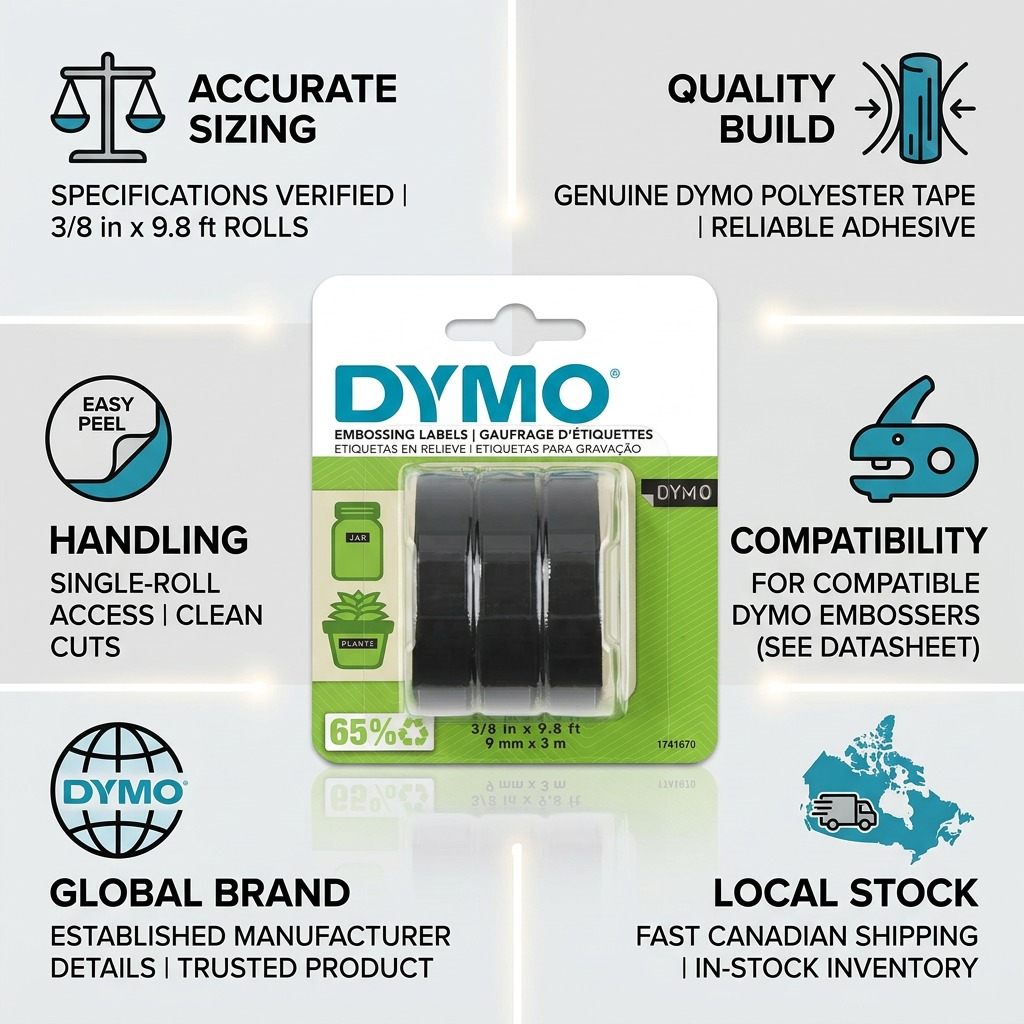 Dymo Self-Adhesive Embossing Labels - White on Black, 3/8" x 9.8', 3 Pack