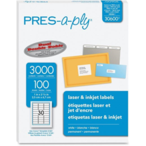 Avery Pres-a-ply Labels, Laser, 1" x 2 5/8", White, 3000 Labels