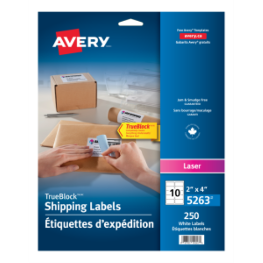 Avery White TrueBlock Labels, 4" x 2", Permanent, 25 Sheets/Envelope