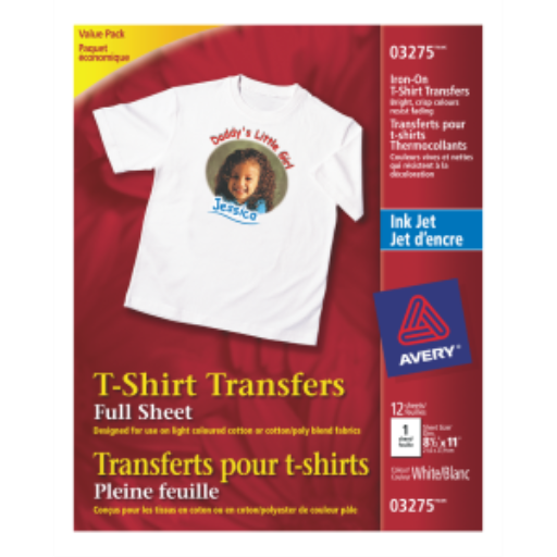 Avery Durable White T-Shirt Transfers, 8 1/2" x 11", 12 Sheets