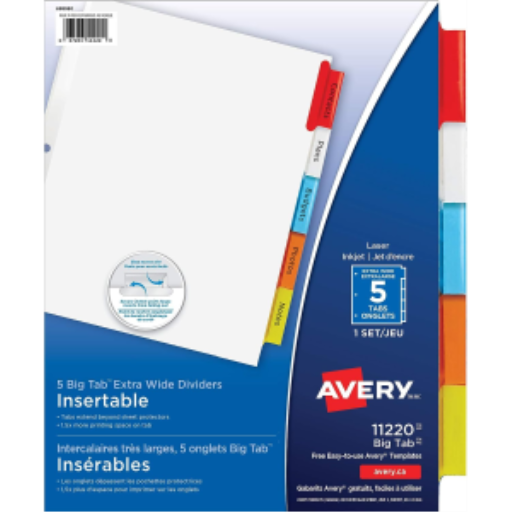 Avery Big Tab Insertable Dividers, 5 Tab, 1 Set, Extra Wide