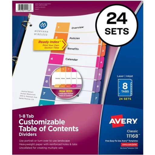 Avery Ready Index Table of Contents Dividers, 8 Tab, 25 Sets