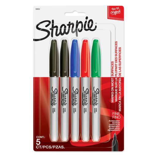 Sharpie Permanent Markers, Fine Point, Assorted Colours, 5 Count