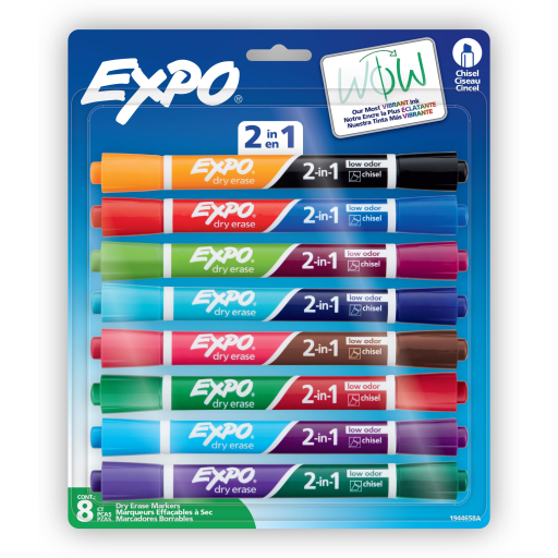 Expo 2-in-1 Dry Erase Markers - Dual-Ended Chisel Tip, 16 Assorted Colors, 8-Pack