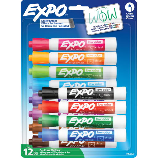 Expo Low Odor Dry Erase Markers - Chisel Tip, Assorted Colors, 12-Pack
