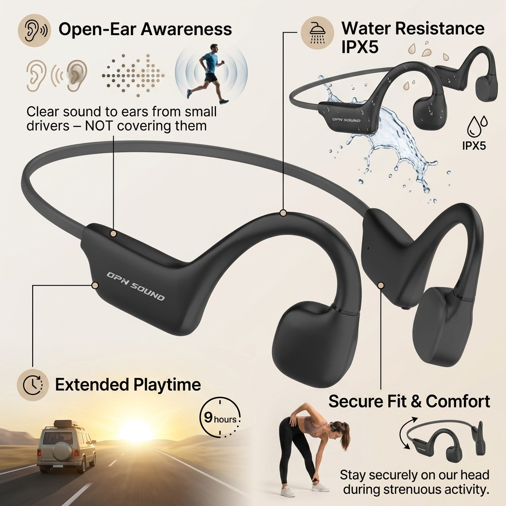 OPN Sound Osso Open-Ear Bone Conduction Wireless Headphones ? IPX5 Water Resistant, 9-Hour Battery (OS1000BC)