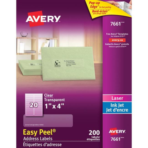 Étiquettes transparentes Avery Easy Peel, 4" x 1", permanentes, 10 feuilles/enveloppe
