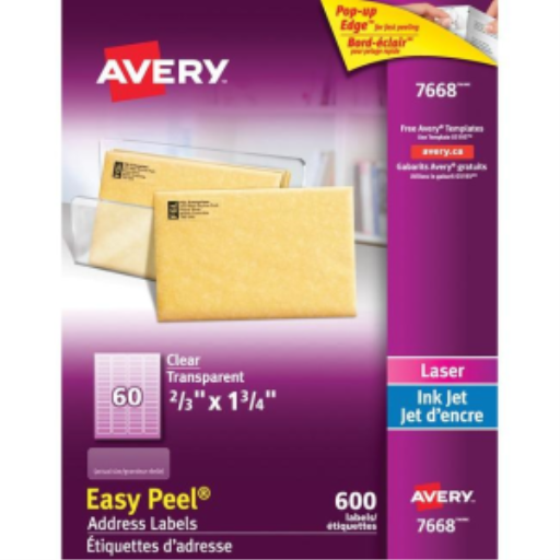 Étiquettes transparentes Avery Easy Peel, 1 3/4" x 2/3", permanentes, 10 feuilles/enveloppe