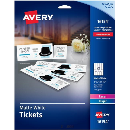 Tickets Avery avec talons détachables, blancs, non couchés, 1 3/4" x 5 1/2"