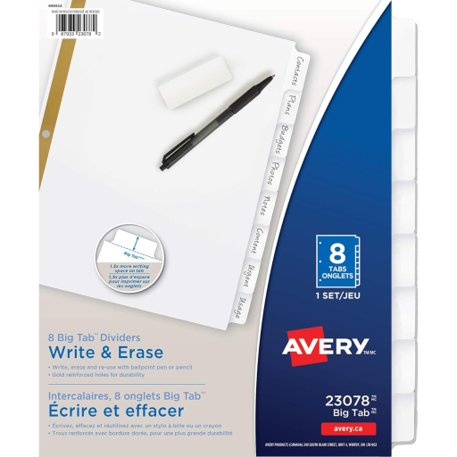 Intercalaires Avery à écrire, 8 onglets, 1 jeu, blanc, grand onglet