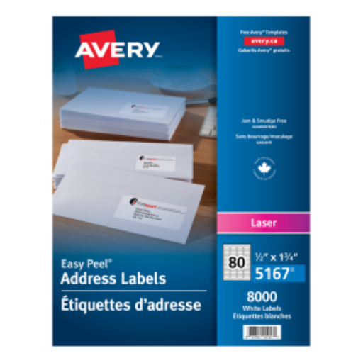 Étiquettes blanches Avery Easy Peel, 1 3/4" x 1/2", permanentes, 100 feuilles