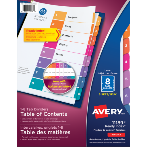 Intercalaires Avery Ready Index Table des matières, 8 onglets, 6 ensembles