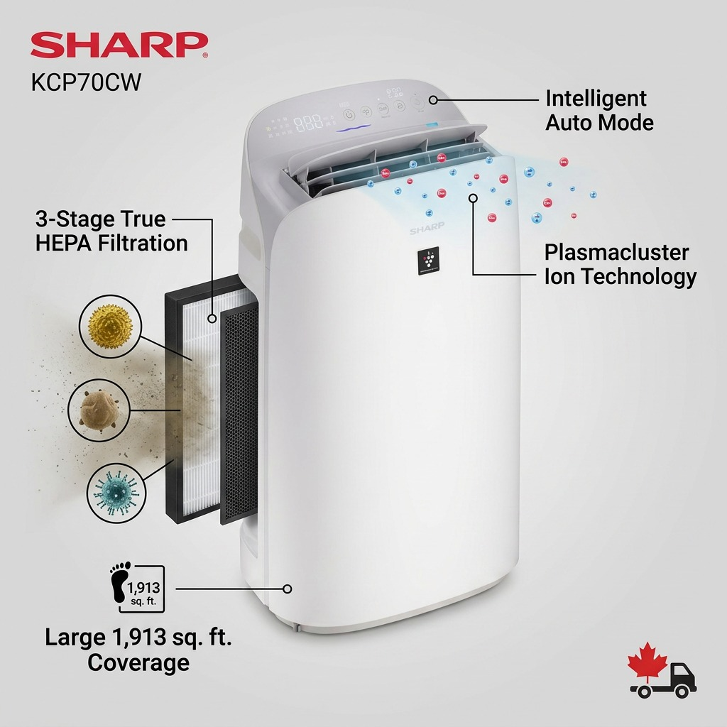Sharp KCP70CW Plasmacluster Ion Smart HEPA Air Purifier and Humidifier - 1,913 sq. ft. Coverage