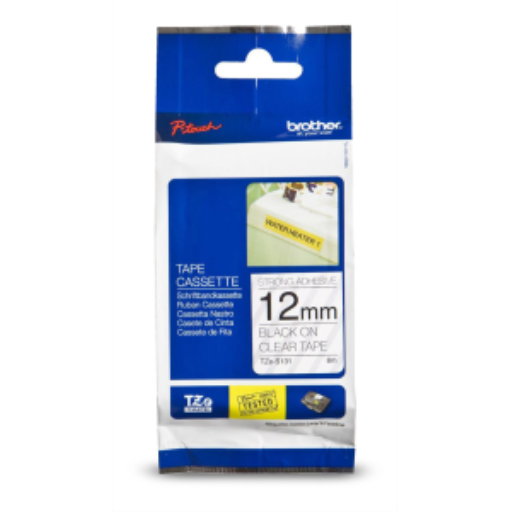 Ruban adhésif extra fort laminé Brother TZe-S131 noir sur transparent pour étiqueteuses P-touch, 12 mm x 8 m