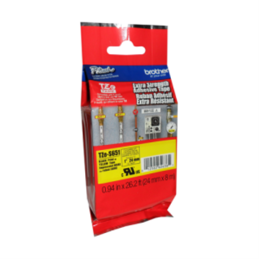 Ruban adhésif à adhérence renforcée Brother Genuine TZe-S651 noir sur jaune pour étiqueteuses P-touch, 24 mm de large x 8 m de long