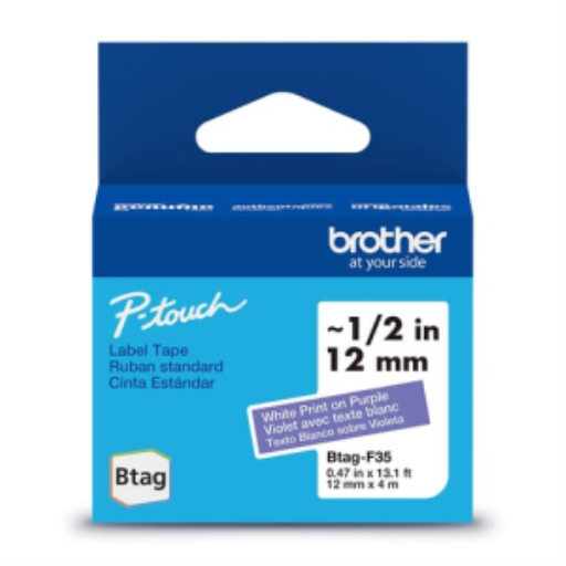 Brother Genuine BTAGF35 Non-Laminated Tape for P-touch Label Makers, White on Purple ? 12 mm wide x 4 m long
