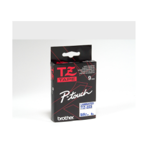 Ruban laminé bleu sur blanc Brother TZe223 d'origine pour étiqueteuses P-touch, 9 mm de large x 8 m de long