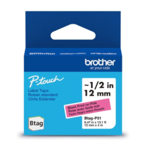 Ruban non laminé Brother Genuine BTAGP31 pour étiqueteuses P-touch, noir sur rose – 12 mm de large x 4 m de long
